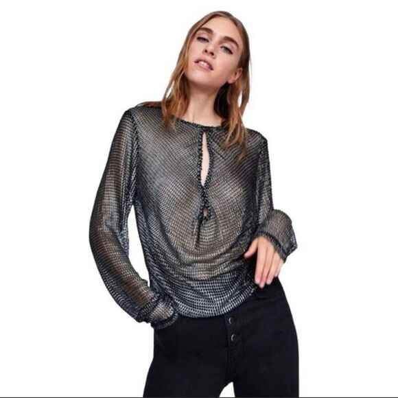 Zara Metallic Mesh Top Silver Small EUC - Picture 1 of 6